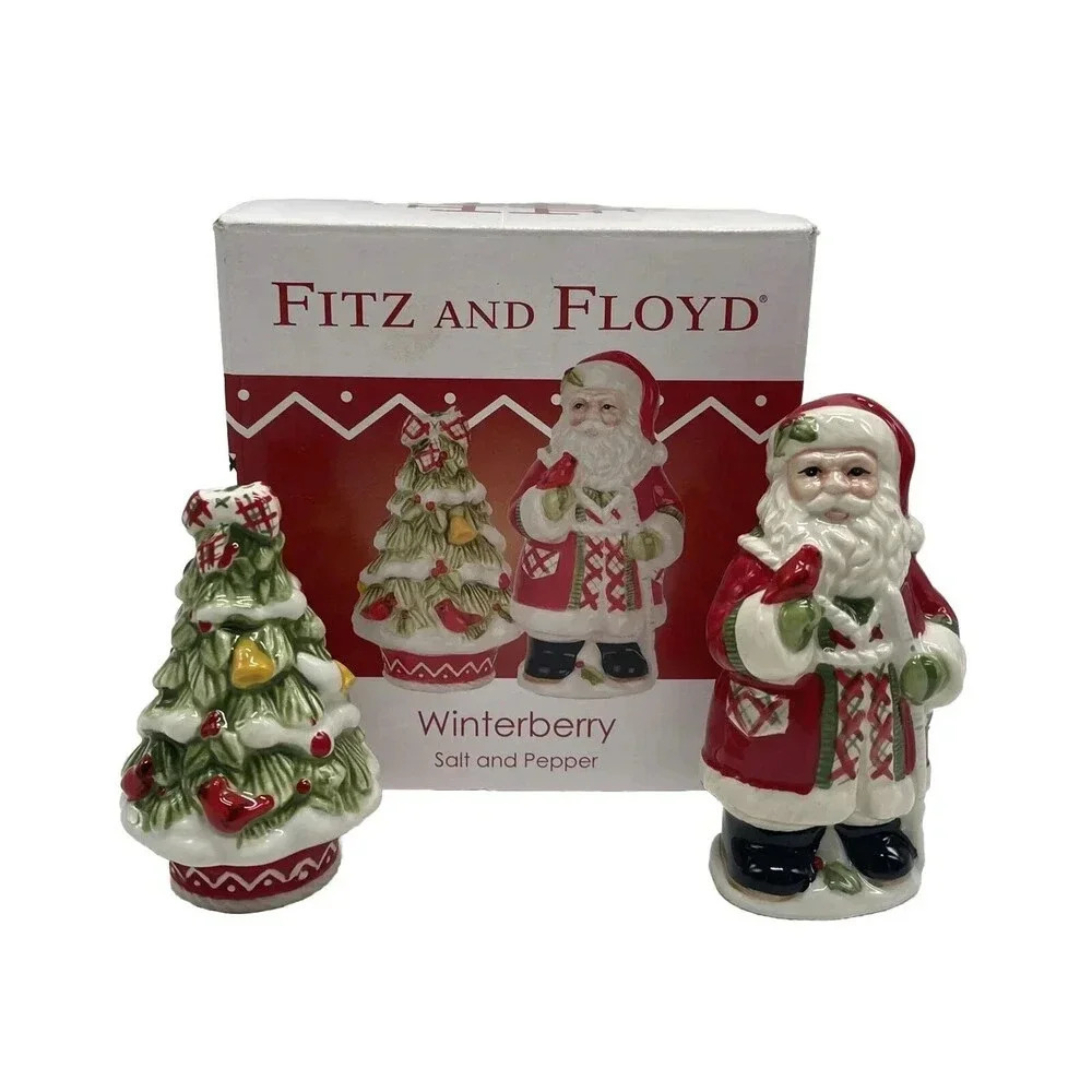 2012 Fitz & Floyd Winterberry Salt and Pepper Shakers Christmas Santa Tree